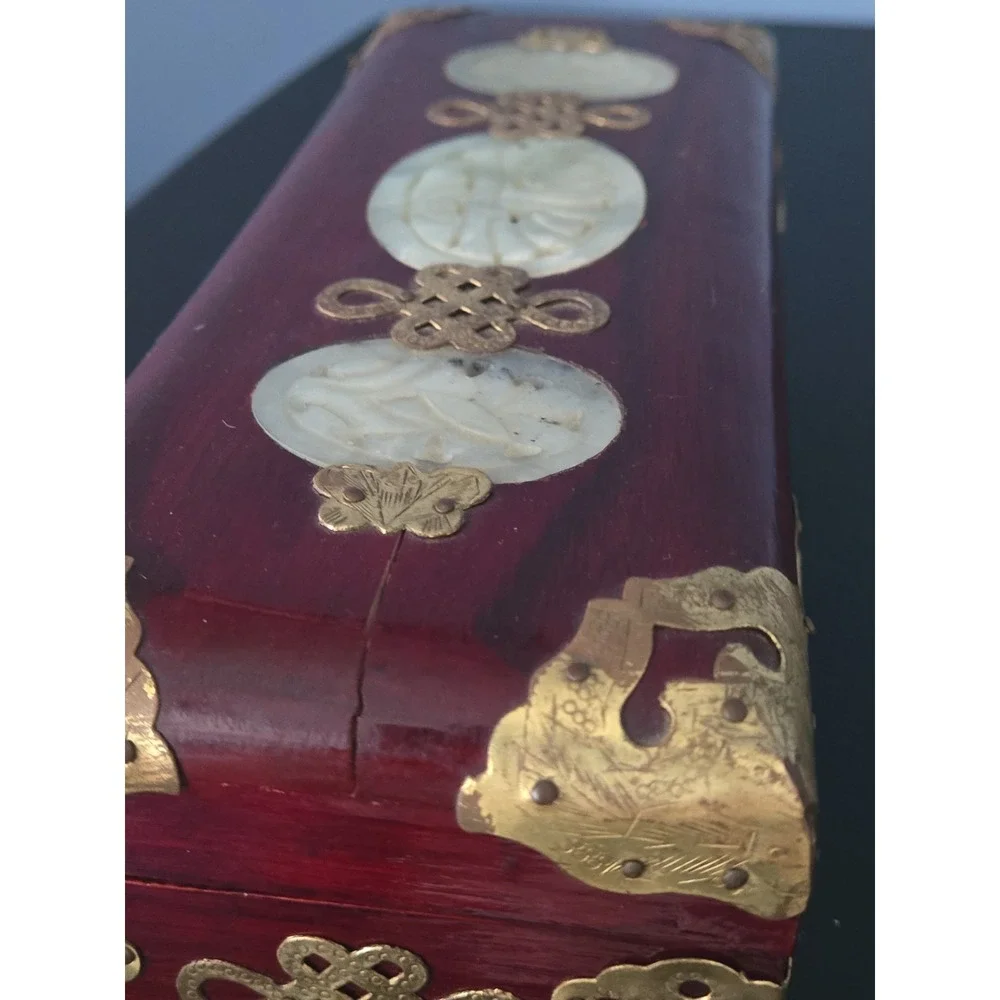 Vtg Chinese Wooden Jewelry Box w Ornate Brass & White Jade Silk Lined Redwood